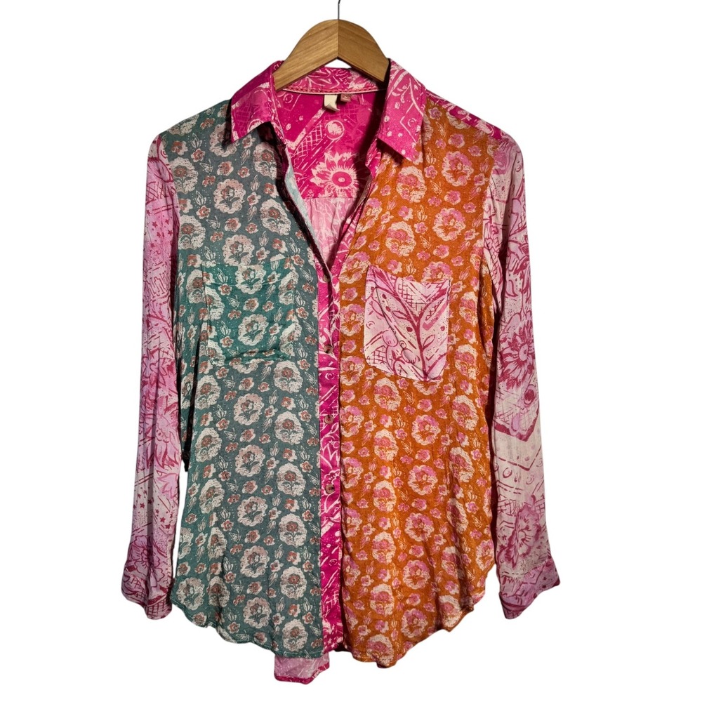 Pilcro Anthropologie Mixed‎ Print Floral Patchwork Button Down Blouse Pink XS